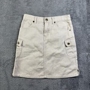 VTG Y2K Let Me B Denim Mini Skirt Cargo Pockets Beige 23" Waist A Line